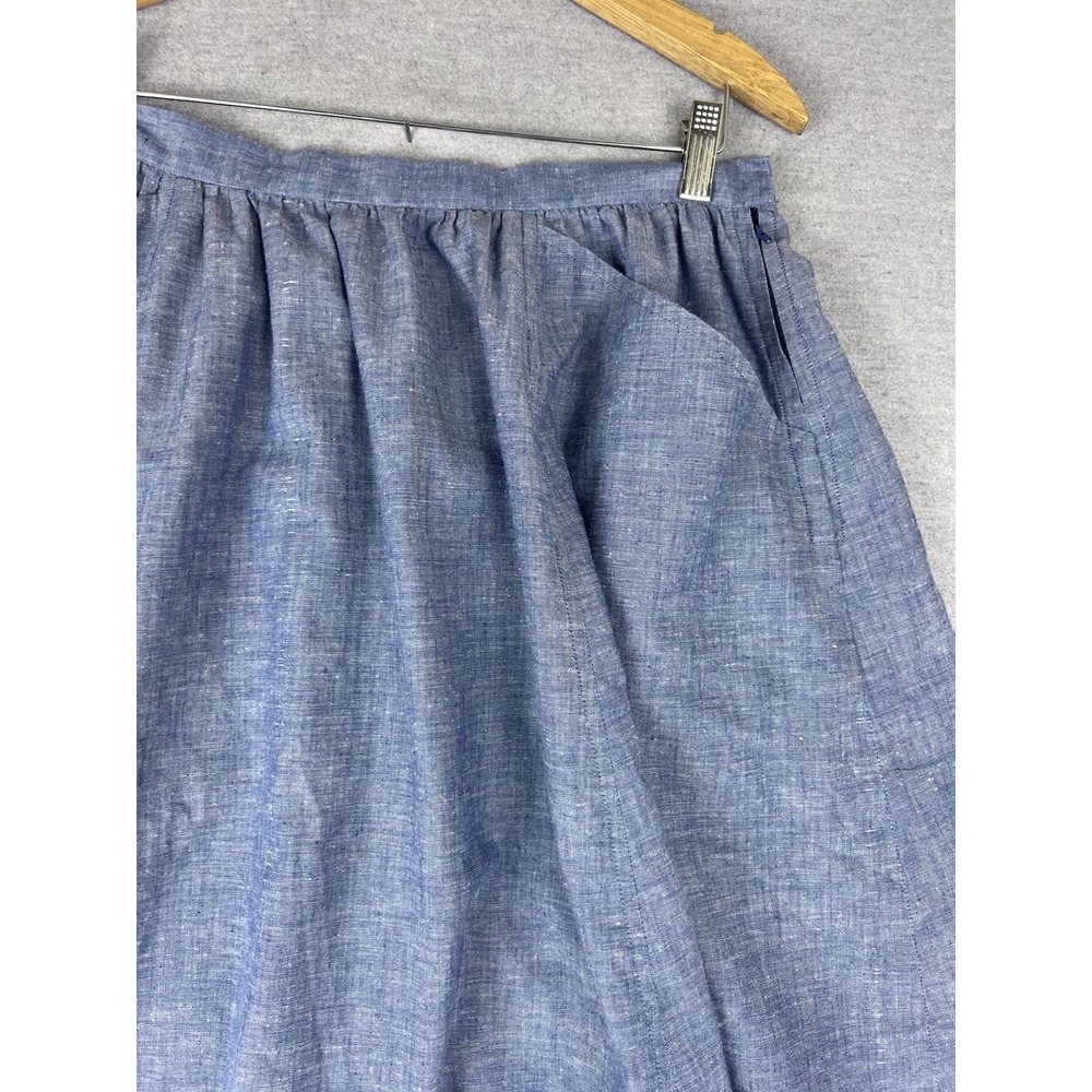 Blue Chambray Midi Skirt Gathered Waist Pockets Casual A-Line Blue